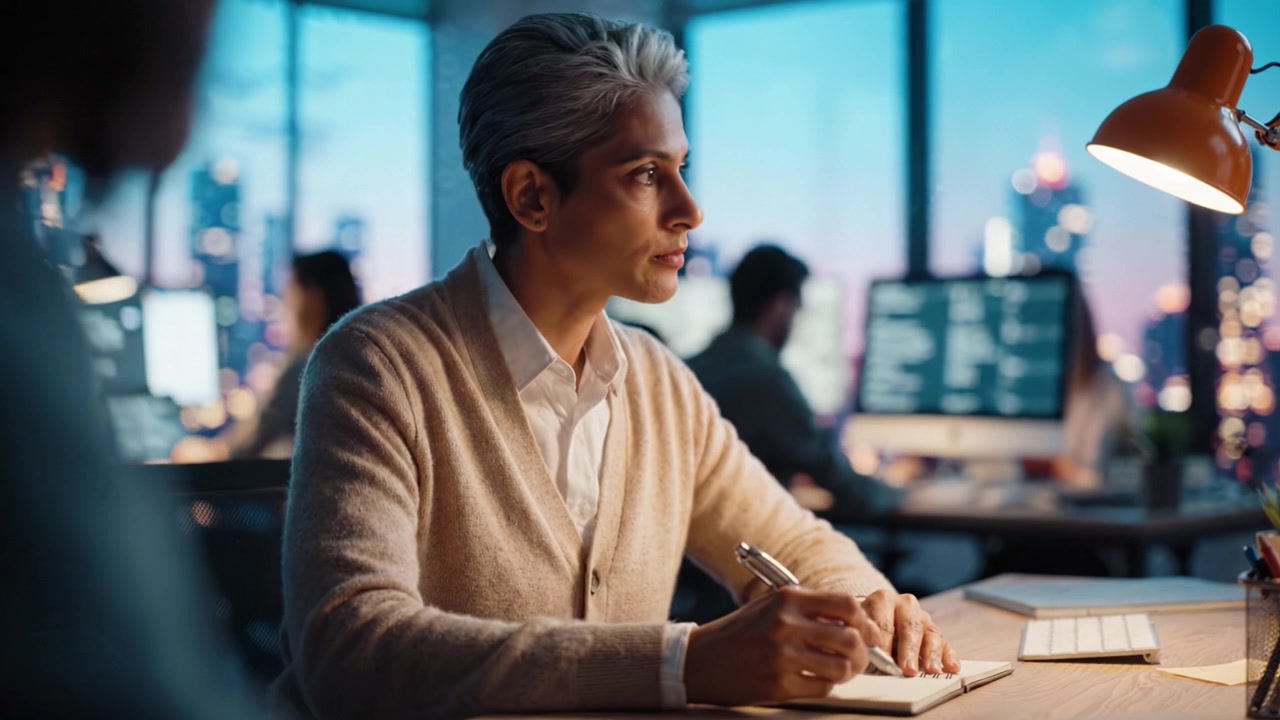 A focused individual writing notes at night in a modern office environment with city skyline views, illuminated screens, and warm lamp lighting creating a serene atmosphere.