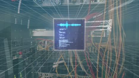 Animation-of-radar,-graphs,-soundwaves-and-computer-language-over-back-panel-of-serve-rack