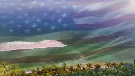 Digitale-Komposition-Der-Schwenkenden-US-Flagge-Vor-Der-Luftaufnahme-Der-Wellen-Im-Meer