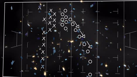 animación del plan de juego a bordo y confeti sobre el estadio deportivo