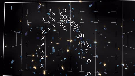 animation of game plan on board and confetti over sports stadium