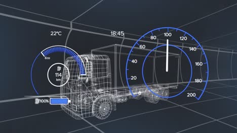 animación del panel del coche sobre el camión digital sobre fondo negro