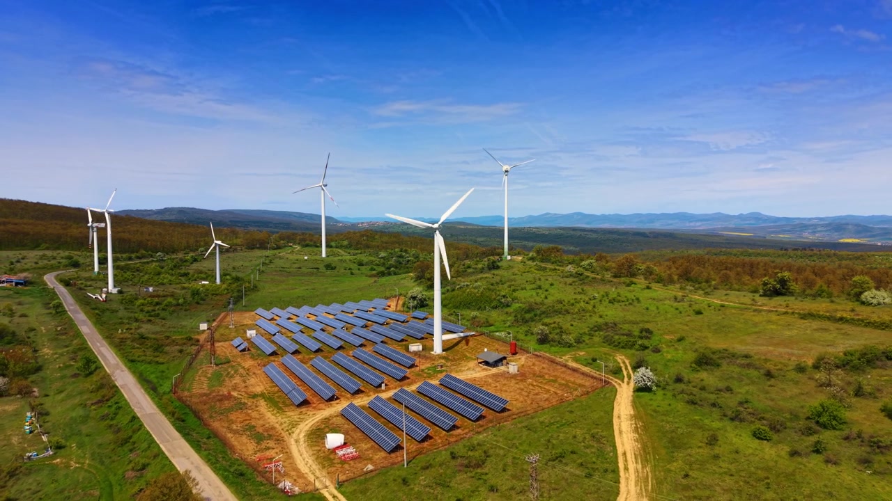 Instalación solar rodeada de aerogeneradores en colinas verdes. Filas de paneles fotovoltaicos se alzan junto a una alta turbina blanca cerca de un camino de tierra en terreno rural.