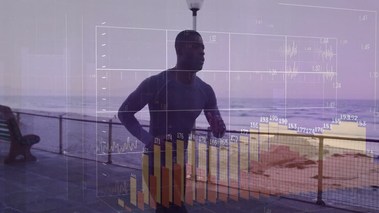 Jogging on boardwalk, man viewing financial data charts in animation overlay