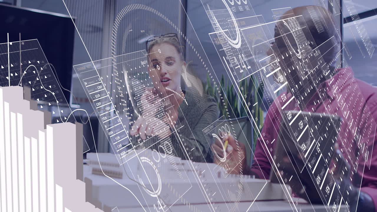 анимация обработки финансовых данных над различными деловыми людьми в офисе