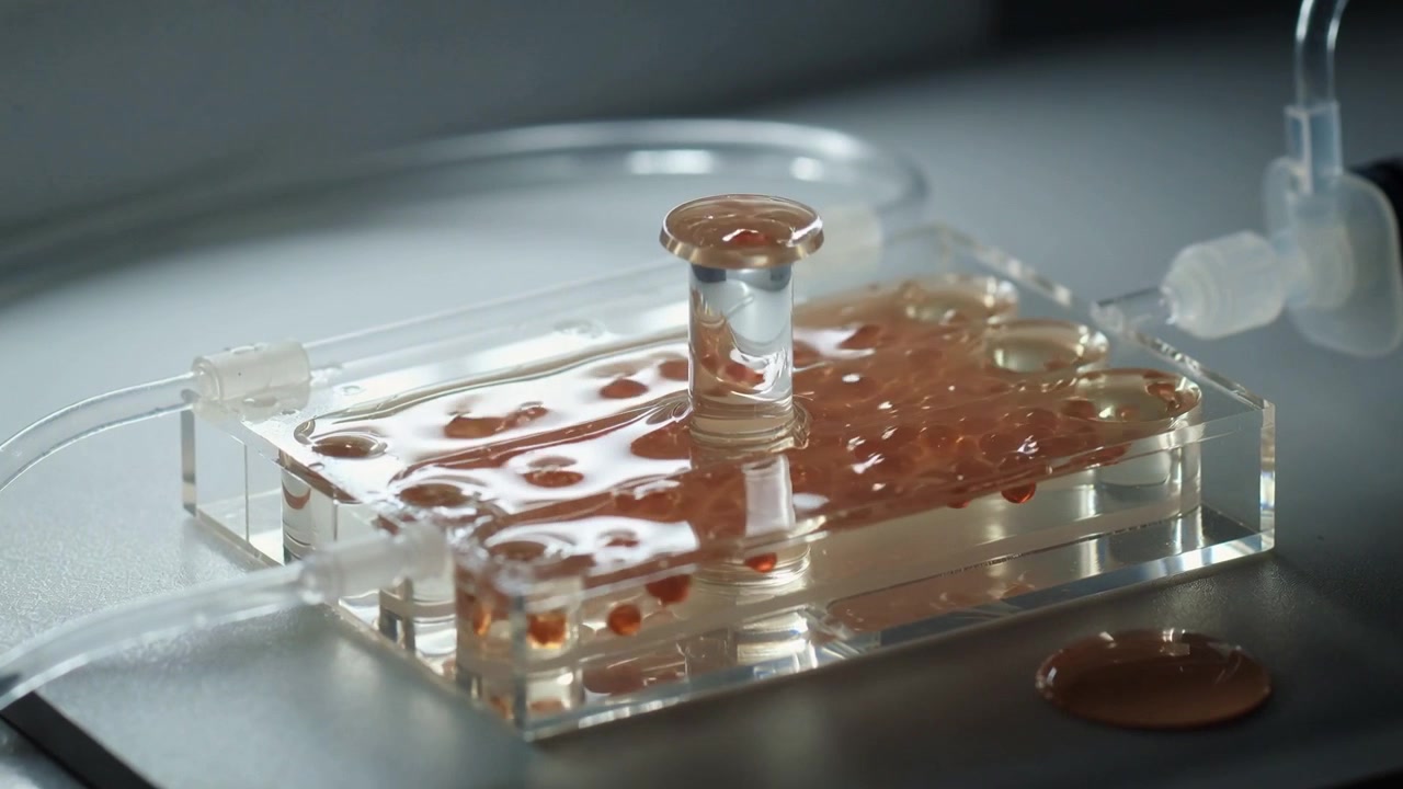 Showing flow chamber forming droplet on post, pooling brown fluid on lab bench, tubing pumping flow