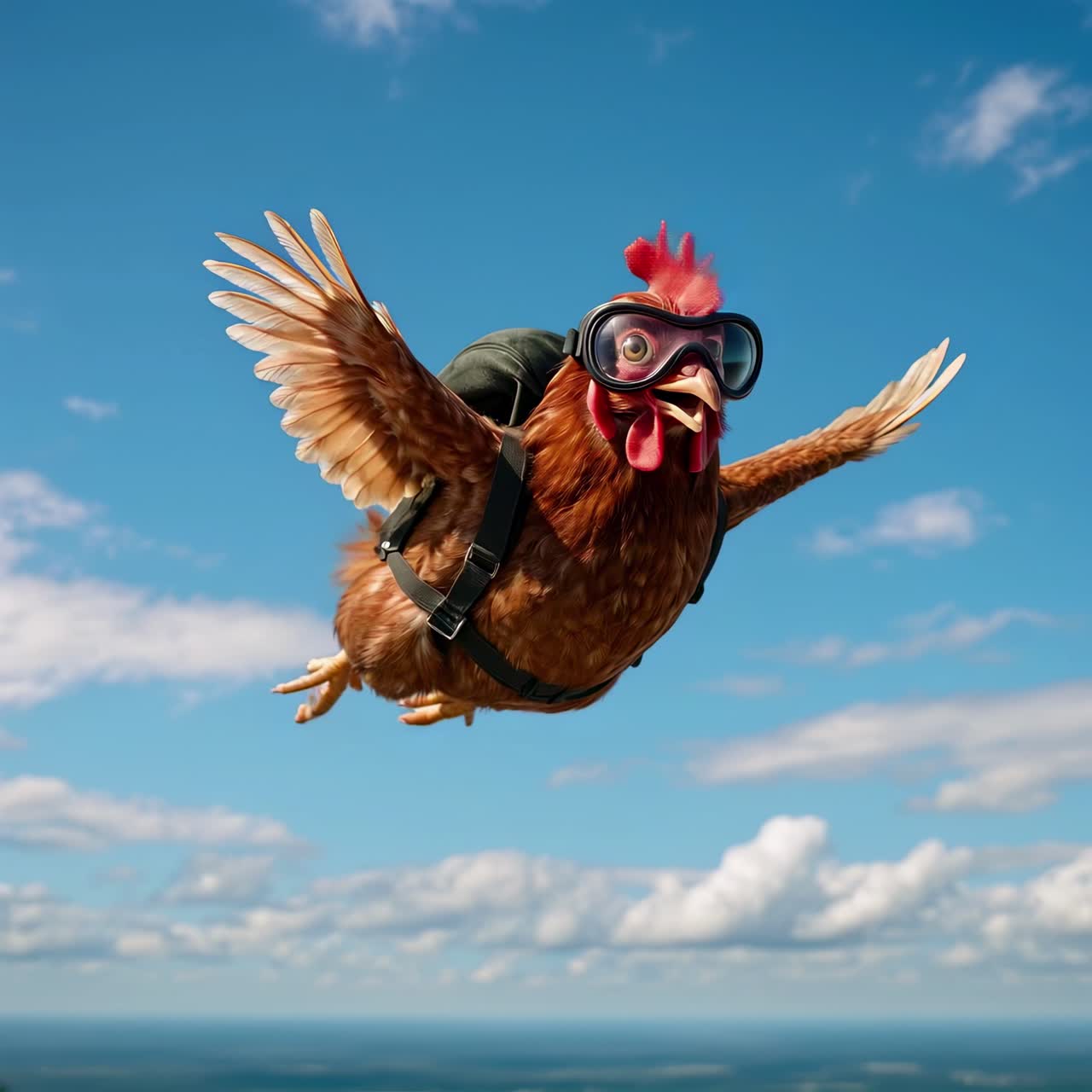 Un'idea video bizzarra di una gallina che fa skydiving con gli occhiali