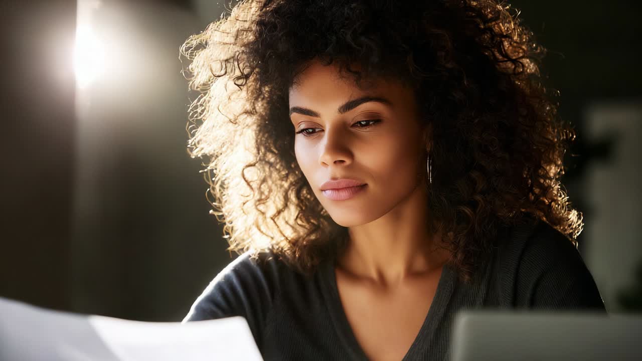A young woman with beautiful curly hair focuses intently on a document in a softly lit space, showcasing her concentration and engagement as she absorbs the information presented in front of her