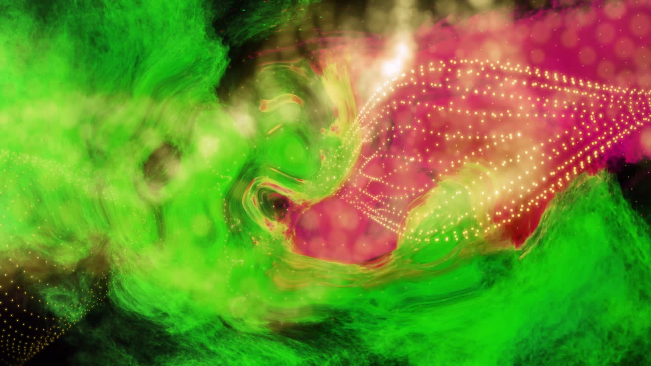 Animation of glowing yellow mesh moving over waving green and pink background