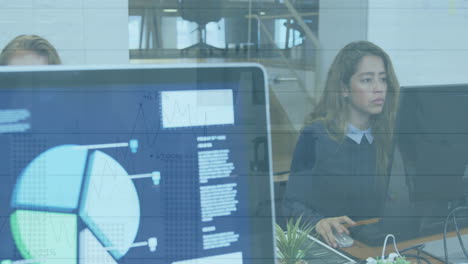animation of financial data processing over business people working in office