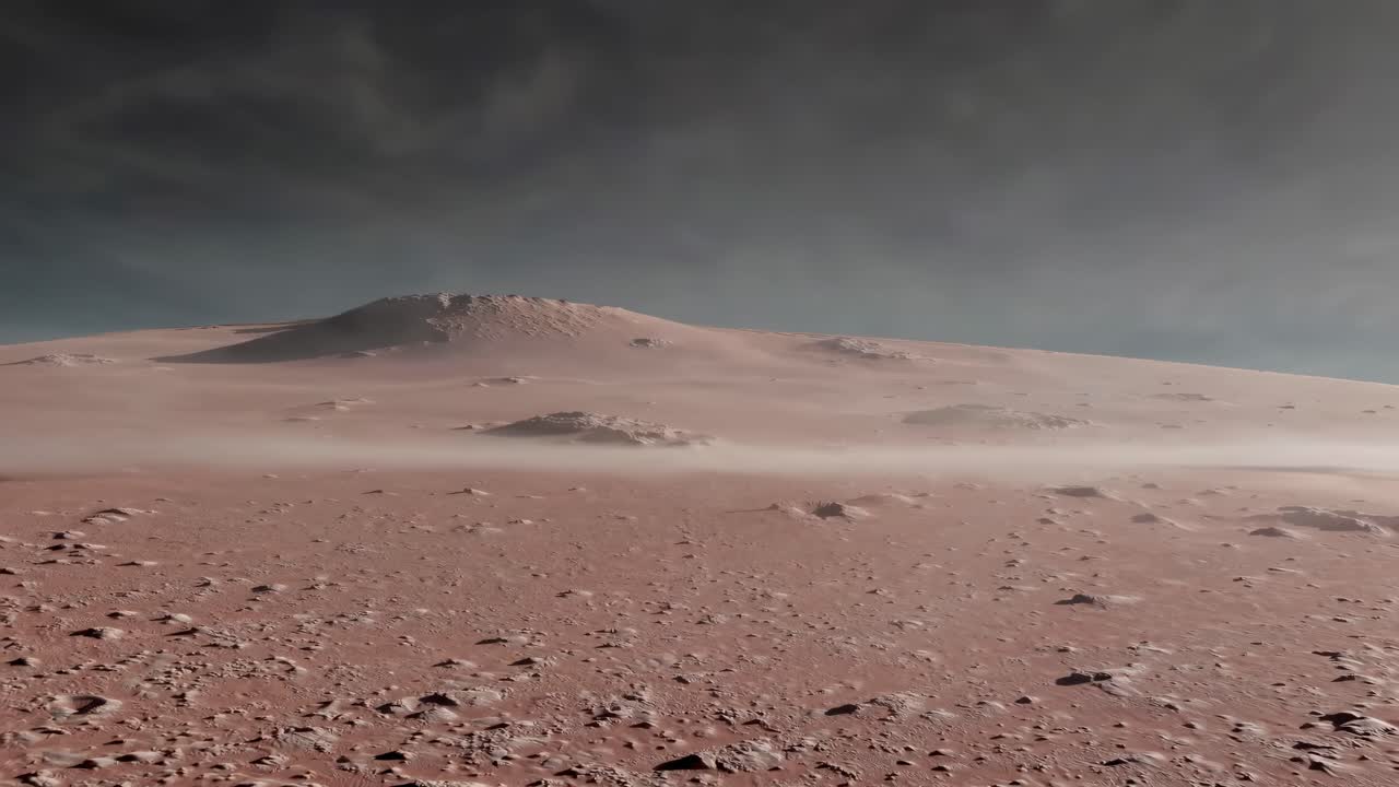 A cinematic wide-angle shot of a barren, dusty landscape under a cloudy sky, evoking a desolate