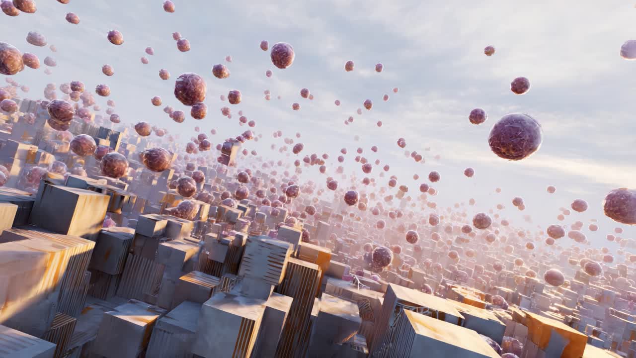 A Stunning Aerial View of a Futuristic Cityscape Filled with Floating Spheres, Highlighting the Intersection of Nature and Technology in a Unique 3D Environment