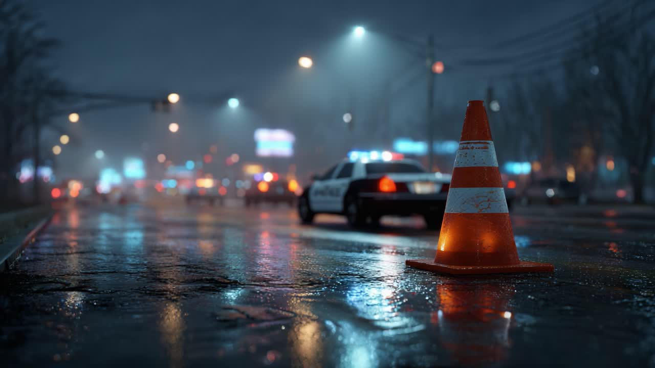 A Glimpse of a Rainy Night Scene with Police Activity and Traffic Interruptions Highlighted by a Traffic Cone on a Wet City Street