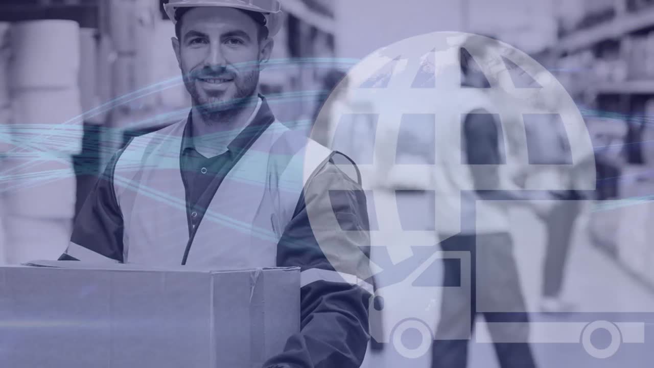 composición del almacén del hombre en el almacén combinado con el giro de la tierra y una ilustración