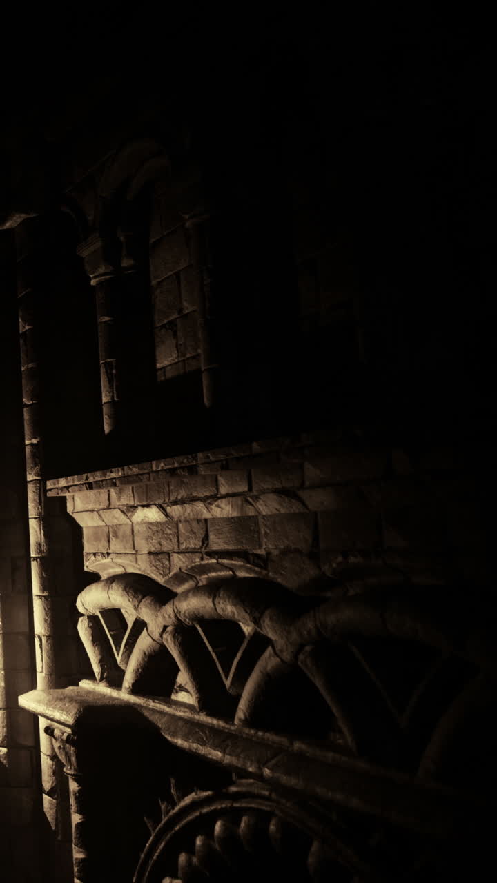 Estrutura de pedra na escuridão com luz suave revelando seus detalhes.