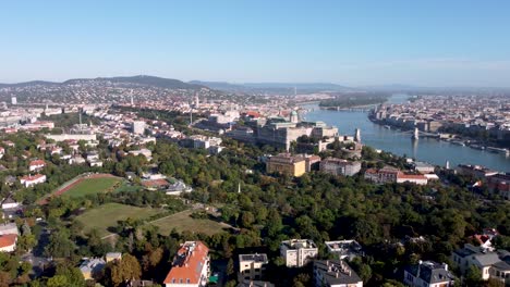 Panoramic-aerial-view-of-Castle-Hill-and-Danube-river-in-Budapest,-Hungary