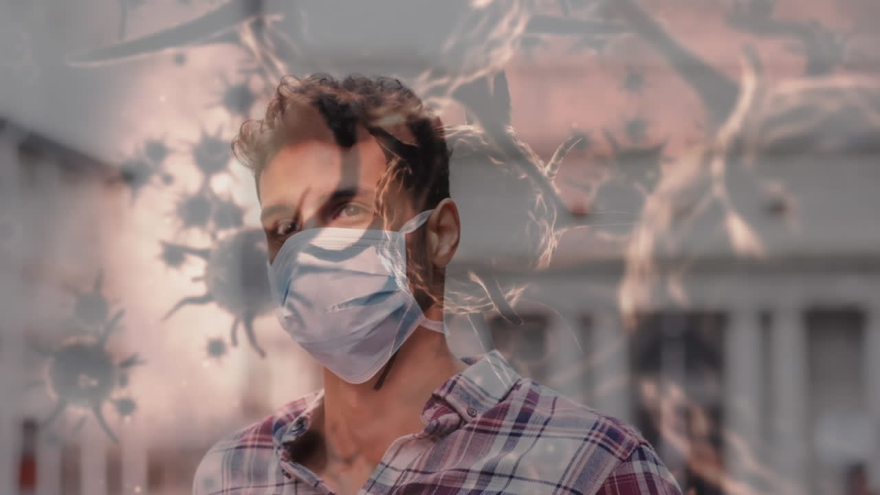 코로나19 세포가 얼굴 마스크를 쓰고 있는 사람을 가로질러 움직이는 애니메이션