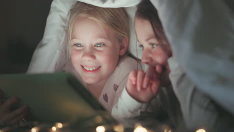 tablet, night and movie with children in bedroom