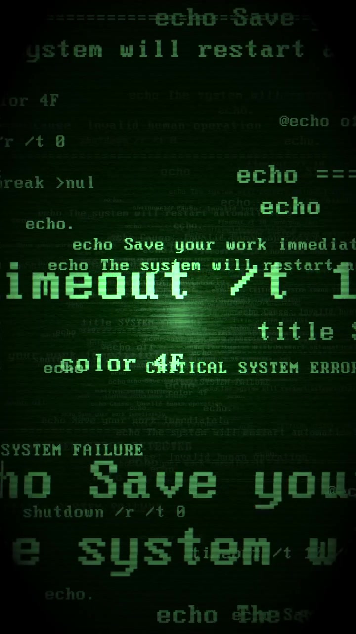 Lodret grøn computerskærm, der viser en hacking-advarsel, nedbrudslog og kritisk systemfejl. Fantastisk til cybersikkerhedsadvarsler og true crime mobilindhold.