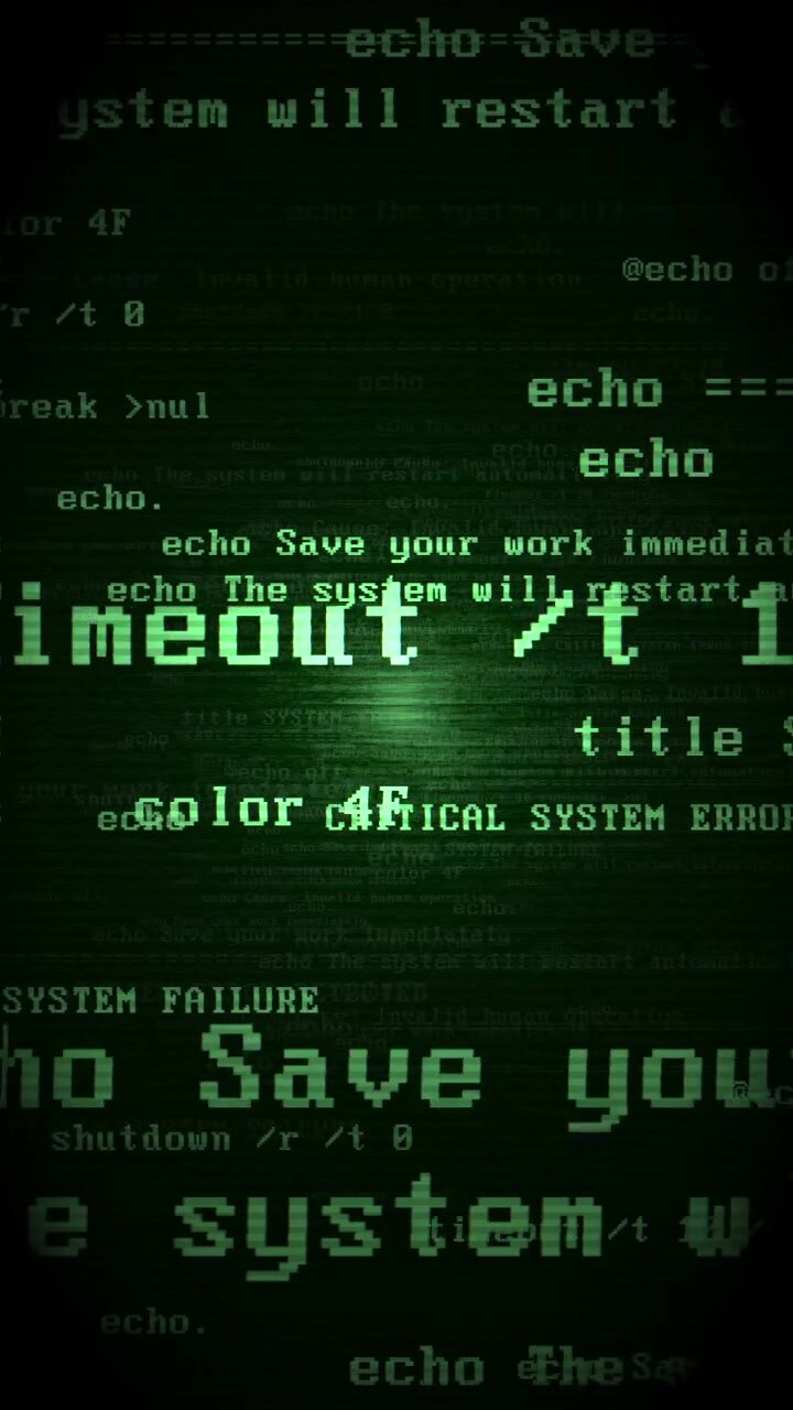 Vertikaler grüner Computermonitor, der eine Hacking-Warnung, ein Absturzprotokoll und einen kritischen Systemfehler anzeigt. Ideal für Cybersicherheitswarnungen und True-Crime-Mobilinhalte.