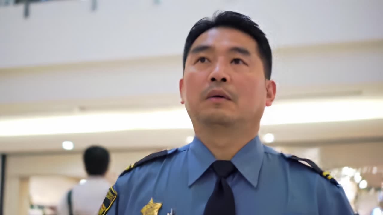 A Security Officer Observing the Environment in a Public Space, Focused on Potential Issues and Ensuring Safety for Citizens and Visitors in the Area