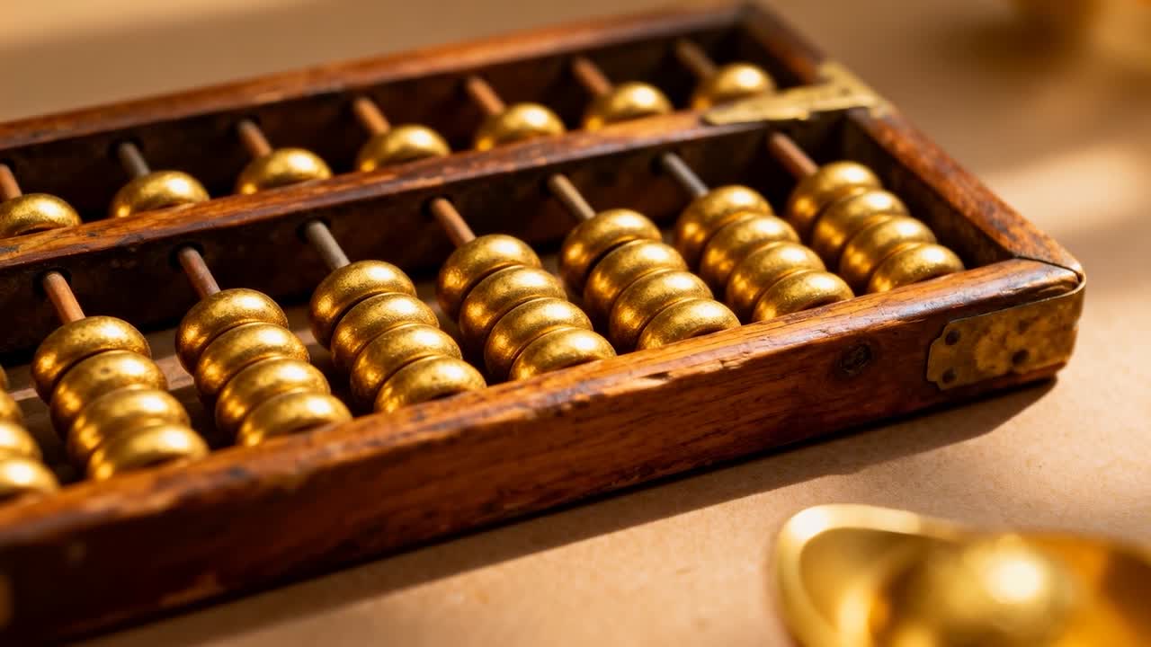 Showing wooden abacus sitting on beige surface, camera shifting focus lighting gold beads and ingot