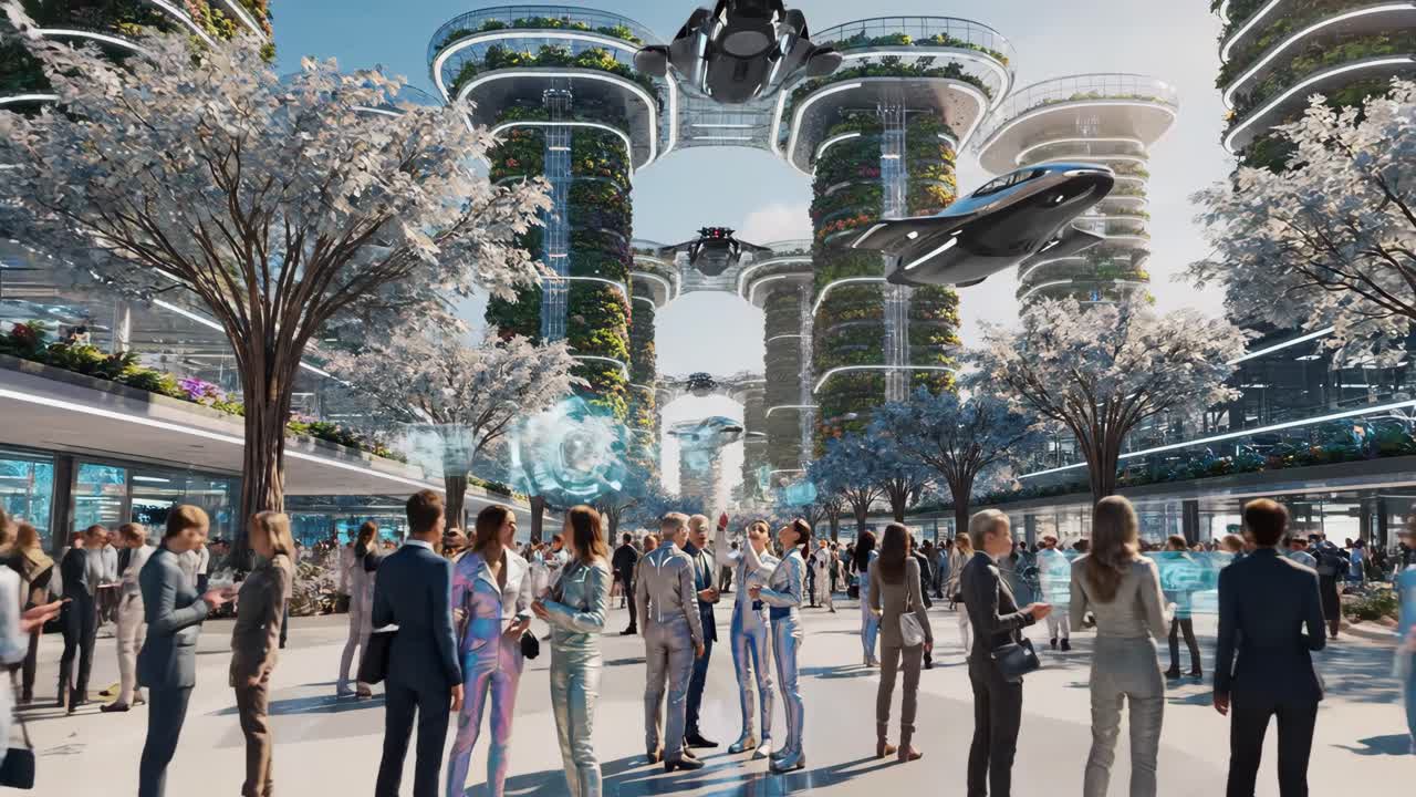 Futuristic Cityscape with Flying Vehicles and Vertical Gardens