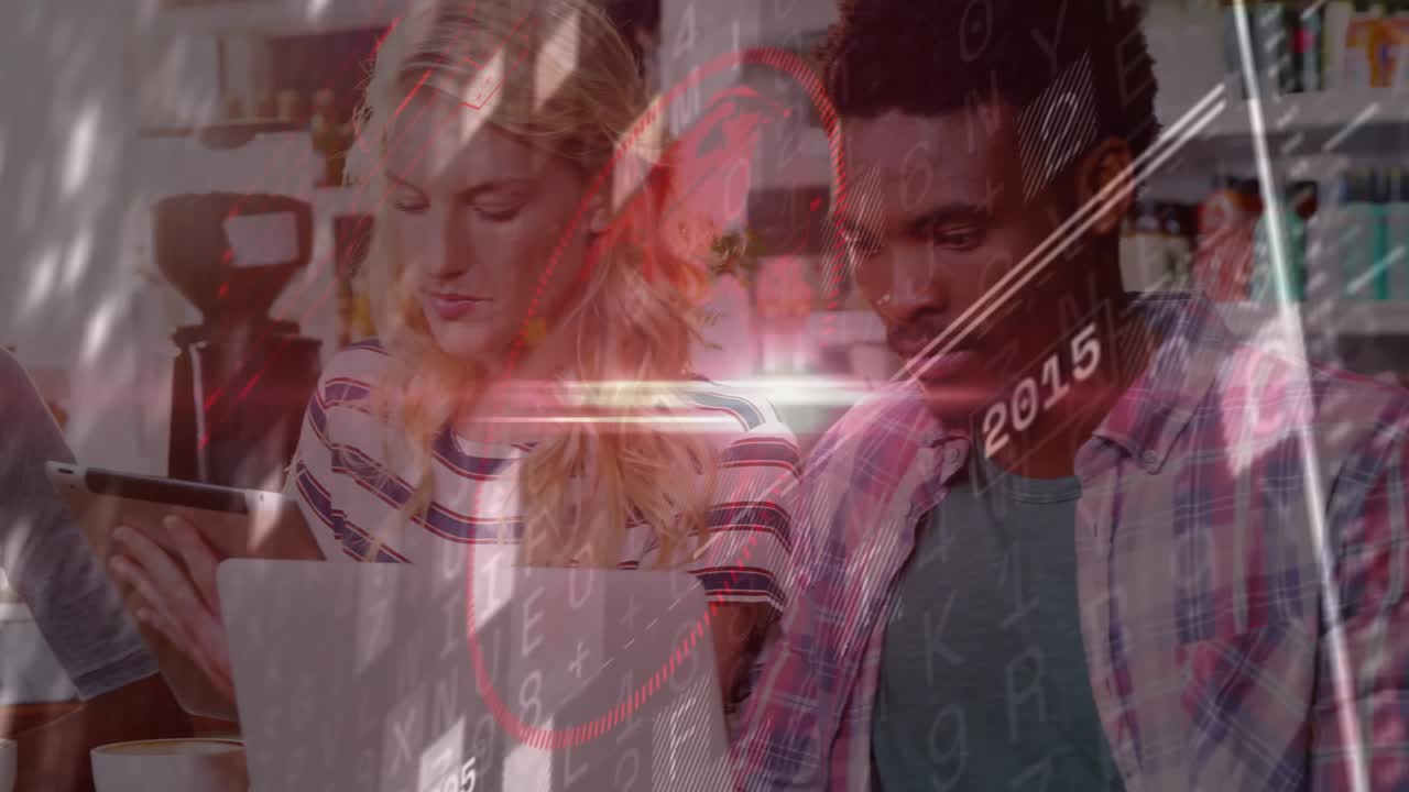 Colleagues scrolling phones at cafe initiating pulsing red arc with flipping years for analysis