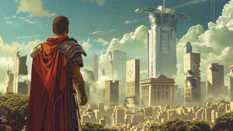 a roman soldier in a futuristic post-apocalyptic city