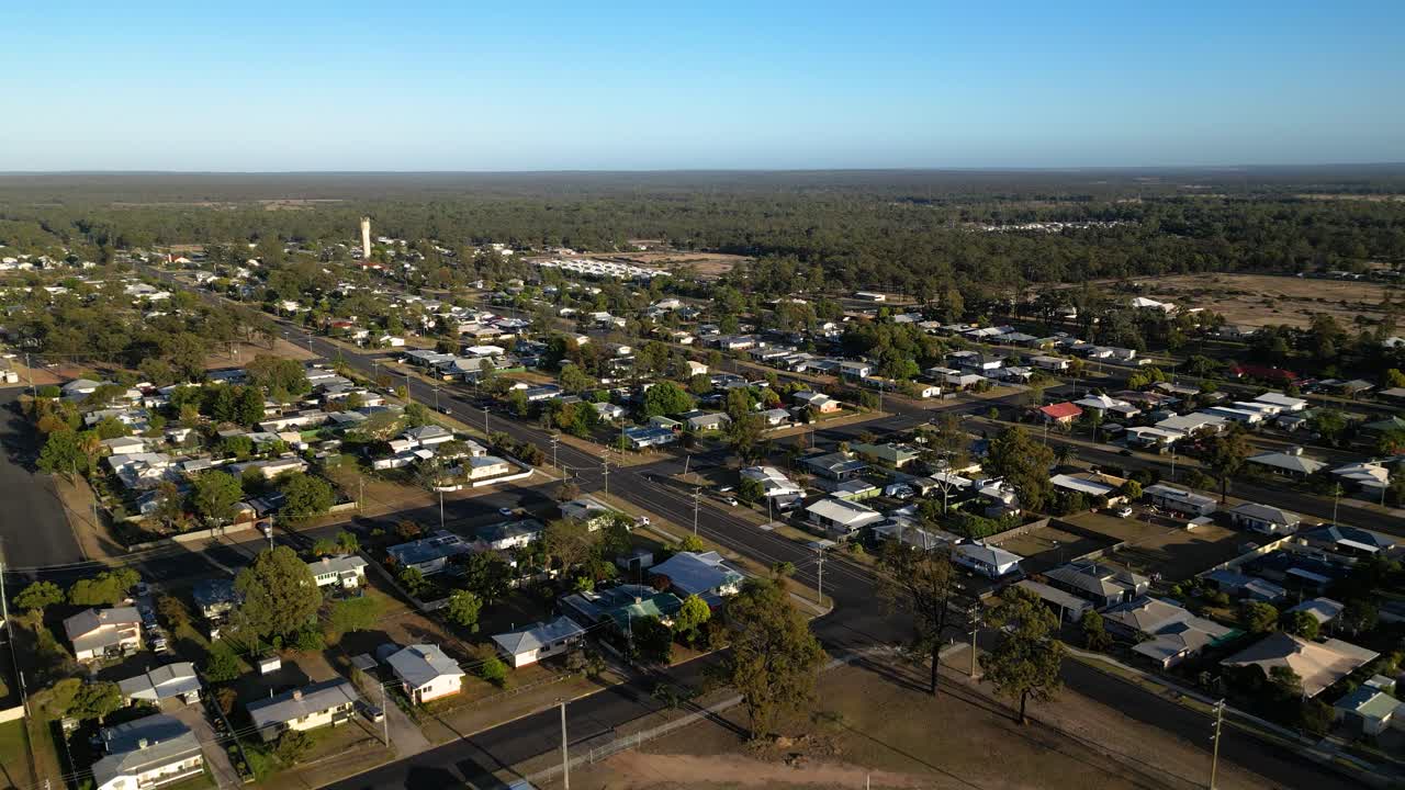 Reversing aerial views over residential housing in the small town of Miles Queensland.