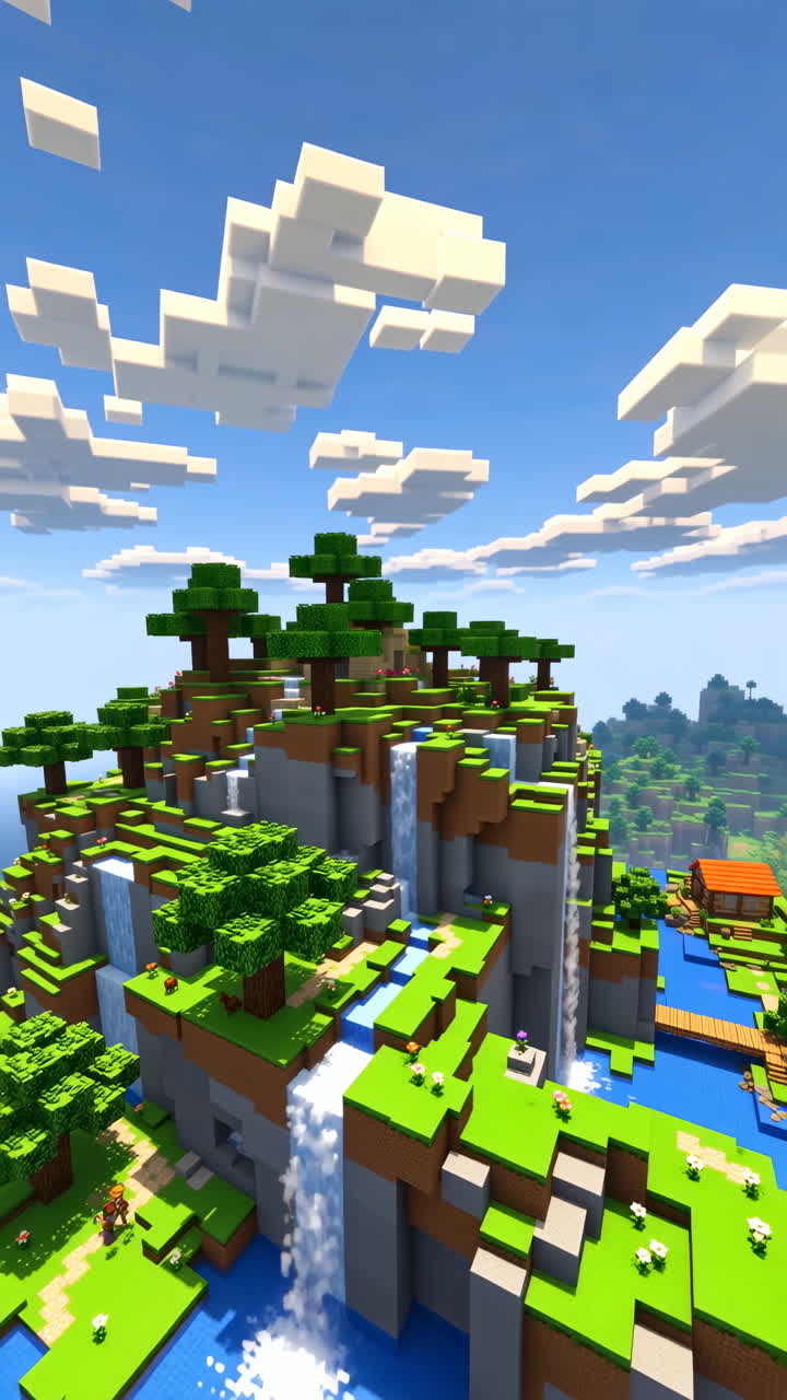 A vibrant Minecraft-style blocky landscape featuring islands, waterfalls, and lush trees under a blue sky