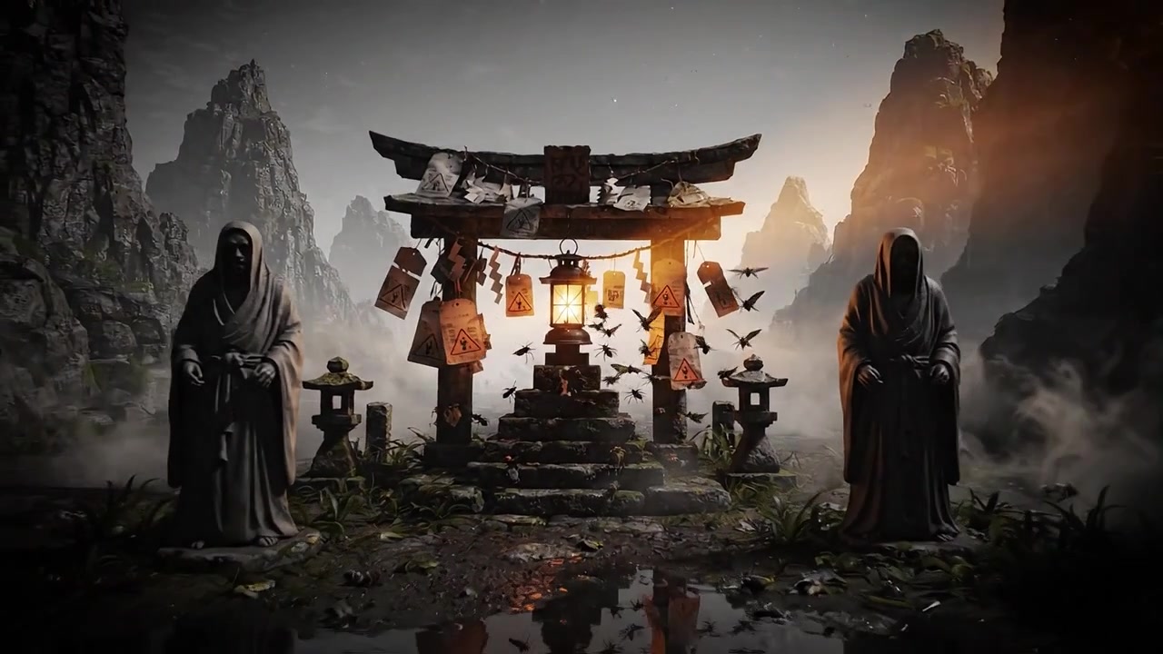 Un viaggio mistico di trasformazione: una farfalla accanto a una candela evoca un senso di meraviglia, mentre le ombre si avvicinano a un Torii Gate tra nebbia e montagne serene.