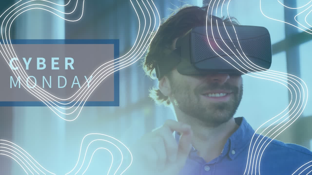 Animazione di testo Cyber Monday con linee su un uomo che indossa un visore VR.