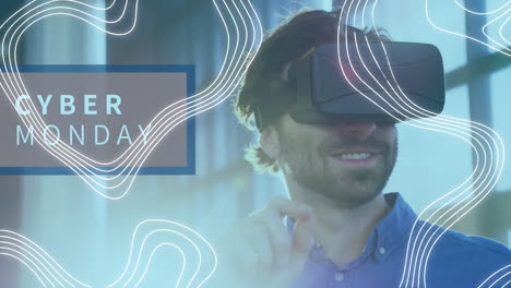 animación del texto del lunes cibernético con líneas sobre el hombre que usa auriculares vr