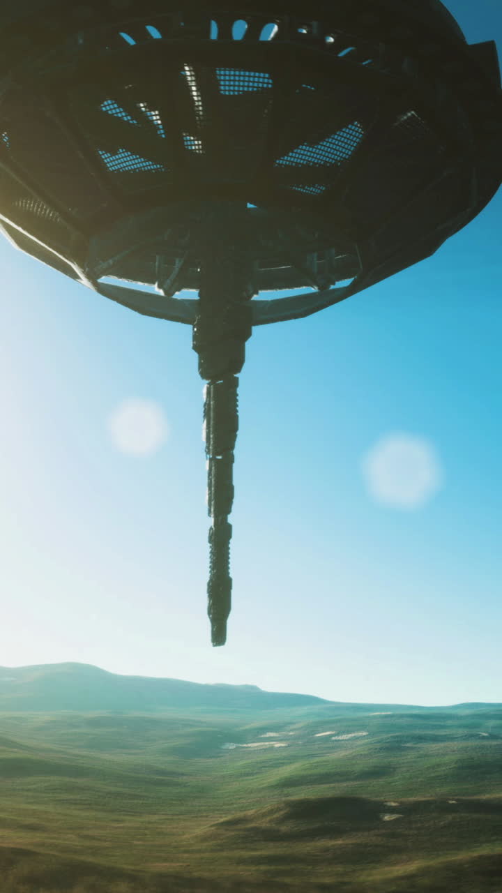 Mysterious alien craft descending into a tranquil valley at sunrise