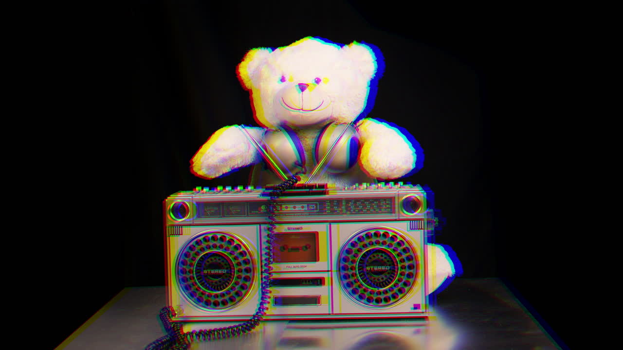 dj de oso de peluche con una caja de sonido - imagen retro trippy