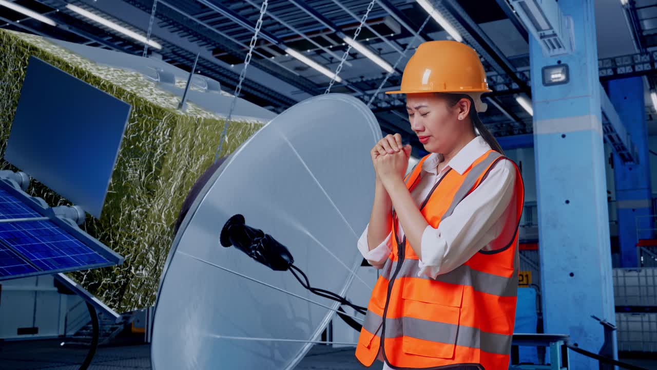 위성 시설의 걱정된 엔지니어