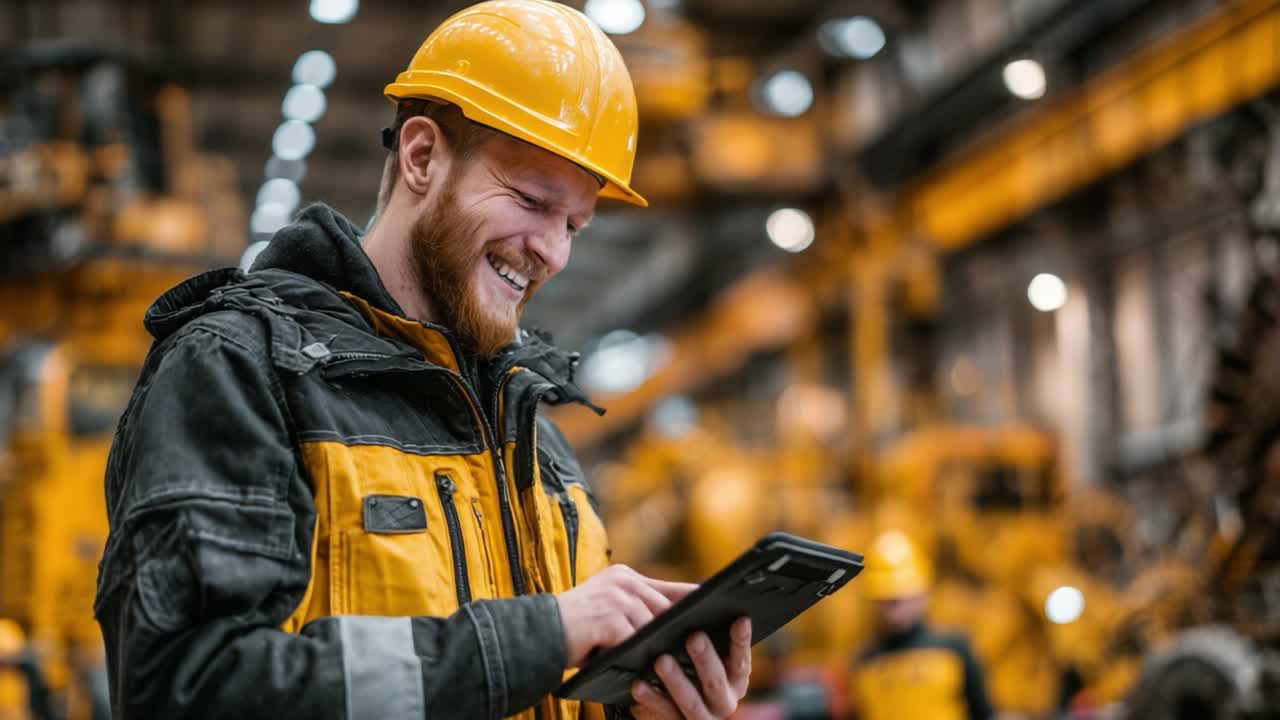 Un operaio edile con cappello e giacca gialli sorride mentre utilizza un tablet in un ambiente industriale, mostrando la tecnologia moderna in un ambiente di lavoro dinamico