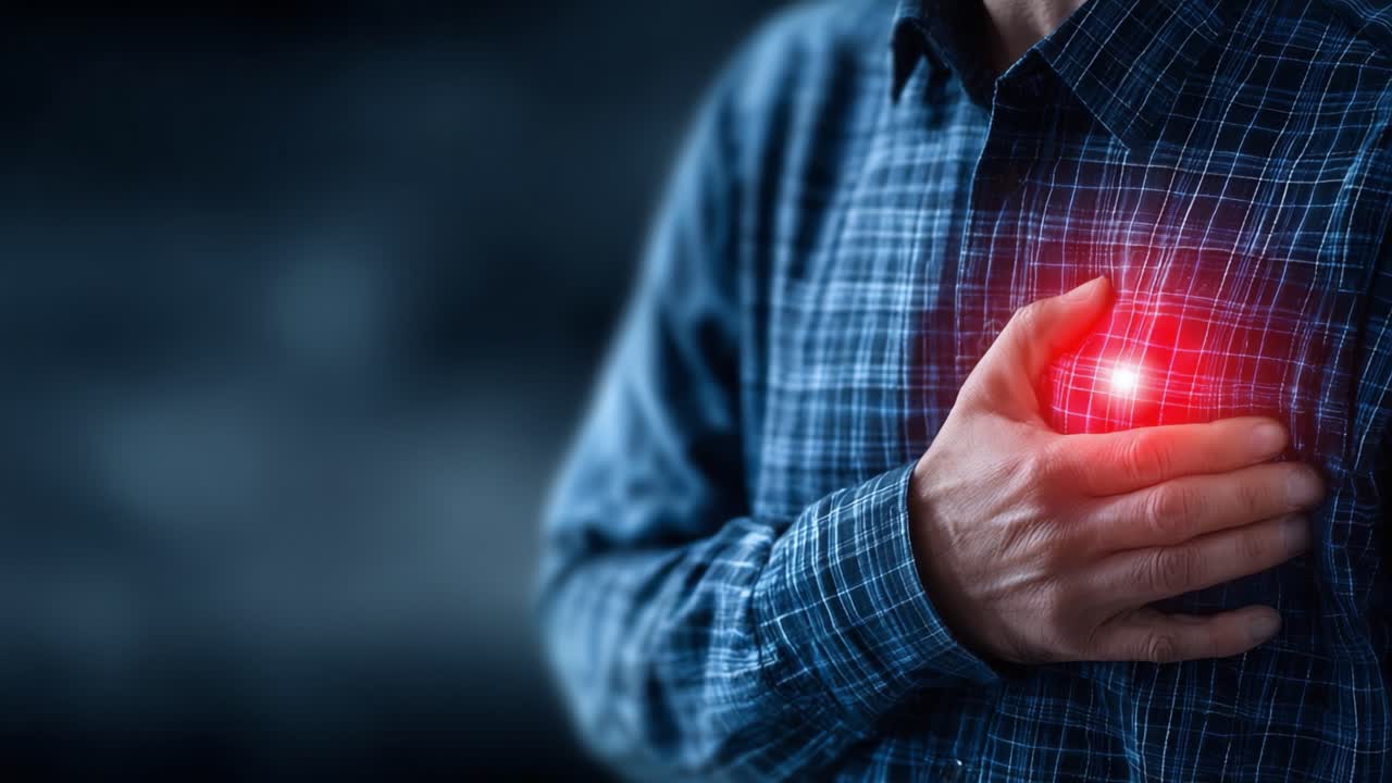赤く光る光に照らされ胸を押さえる男性：医学的な懸念や心臓関連の問題を象徴し、痛み、不安、健康意識の必要性を反映。