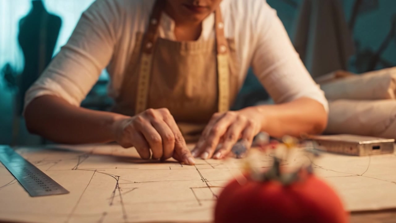 Artigianato Creativo: Un Sarto si Concentra sulla Modellistica con Precisione in uno Studio Luminoso, Mettendo in Mostra Arte e Attenzione ai Dettagli in Ogni Inquadratura.