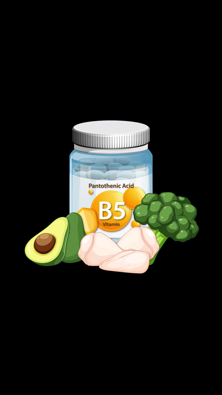 Frasco de suplemento de Vitamina B5 con aguacate, pollo y brócoli aparece sobre fondo negro, transición suave.