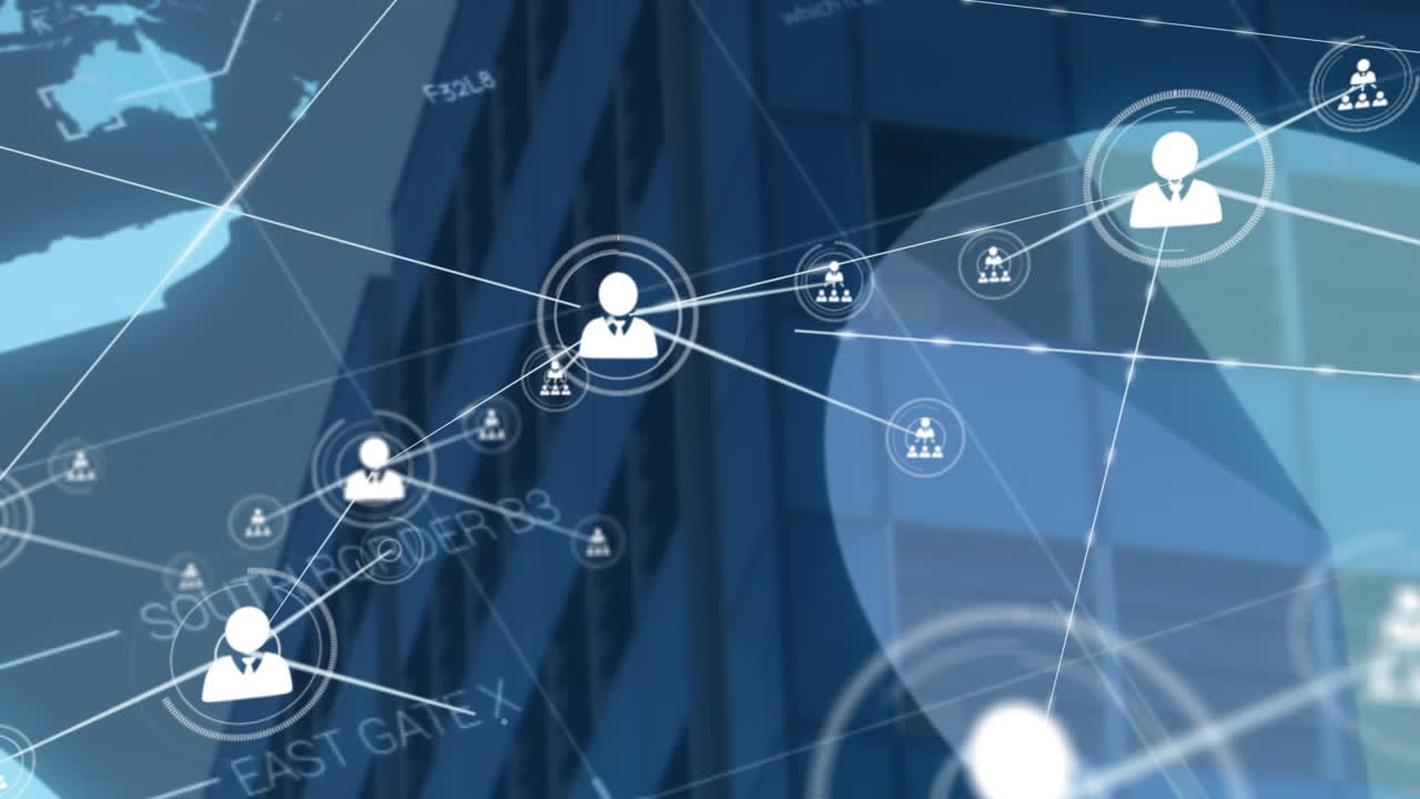 Animazione di icone connesse e interfaccia infografica su un edificio moderno contro il cielo