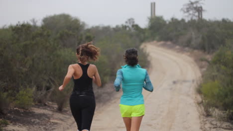 a pair of ladies jog along a dusty trail