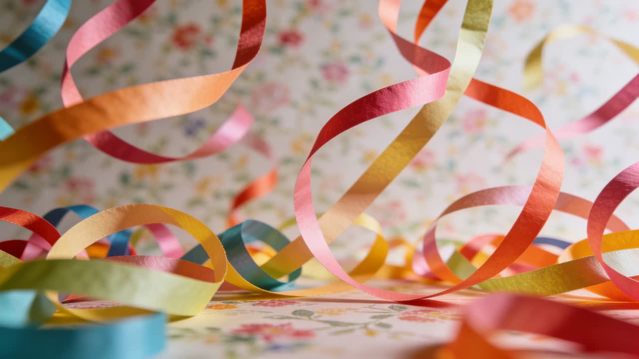 Swaying curled paper streamers over floral table backdrop with blur, moving from off-frame breeze