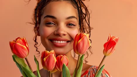 Smiling Woman Holding a Bouquet of Red Tulips