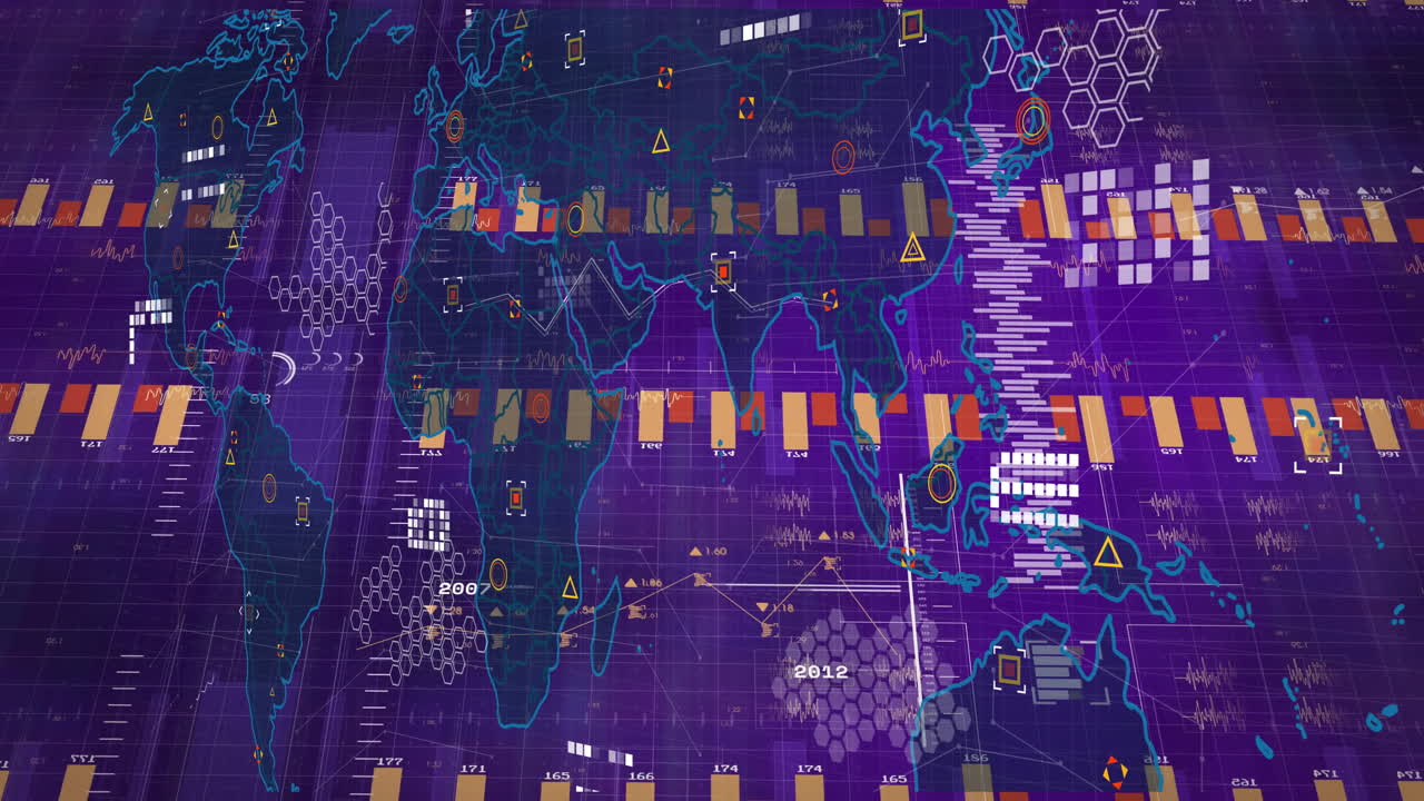 Digital map with data charts and graphs overlaying purple background animation