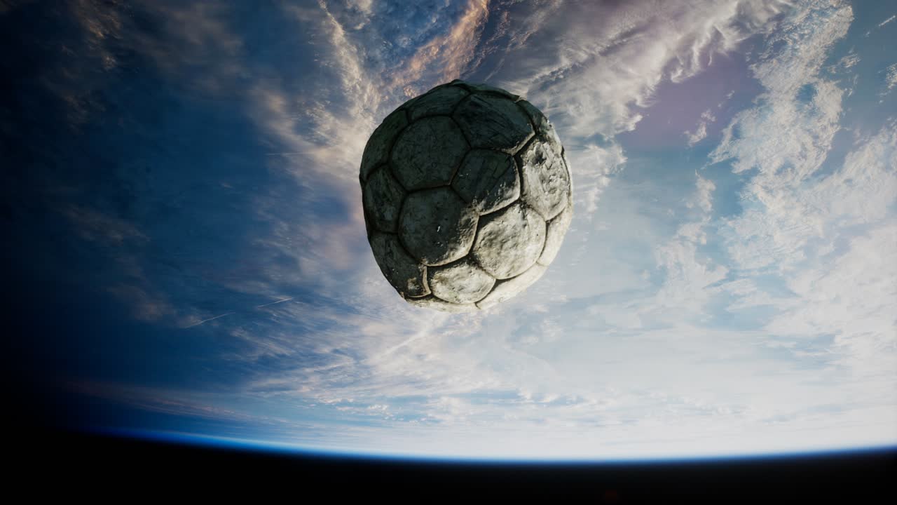 vieja pelota de fútbol en el espacio en órbita terrestre
