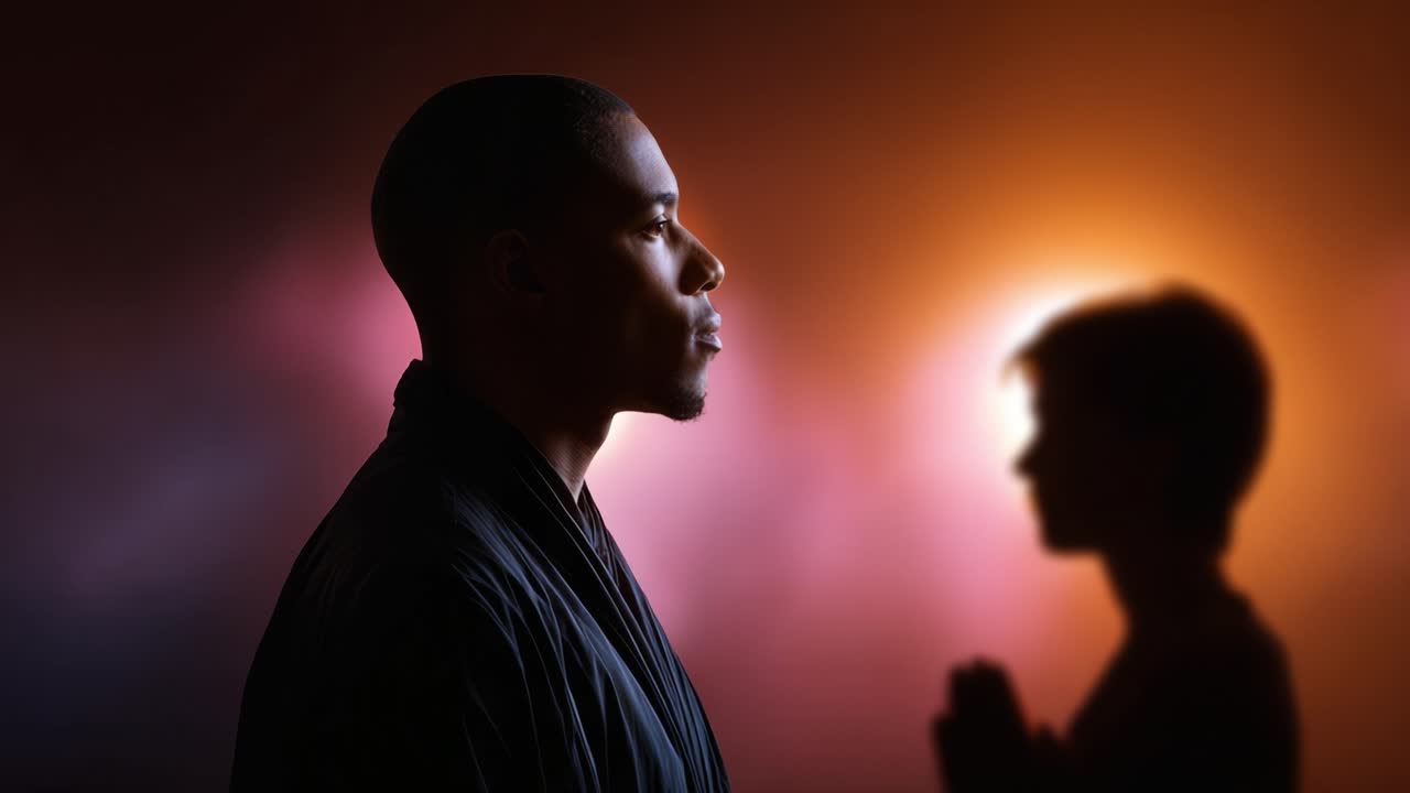 A Serene Moment of Reflection and Connection Between Two Individuals Engaged in Meditation Against a Softly Lit Background with Blurred Colors and Silhouettes