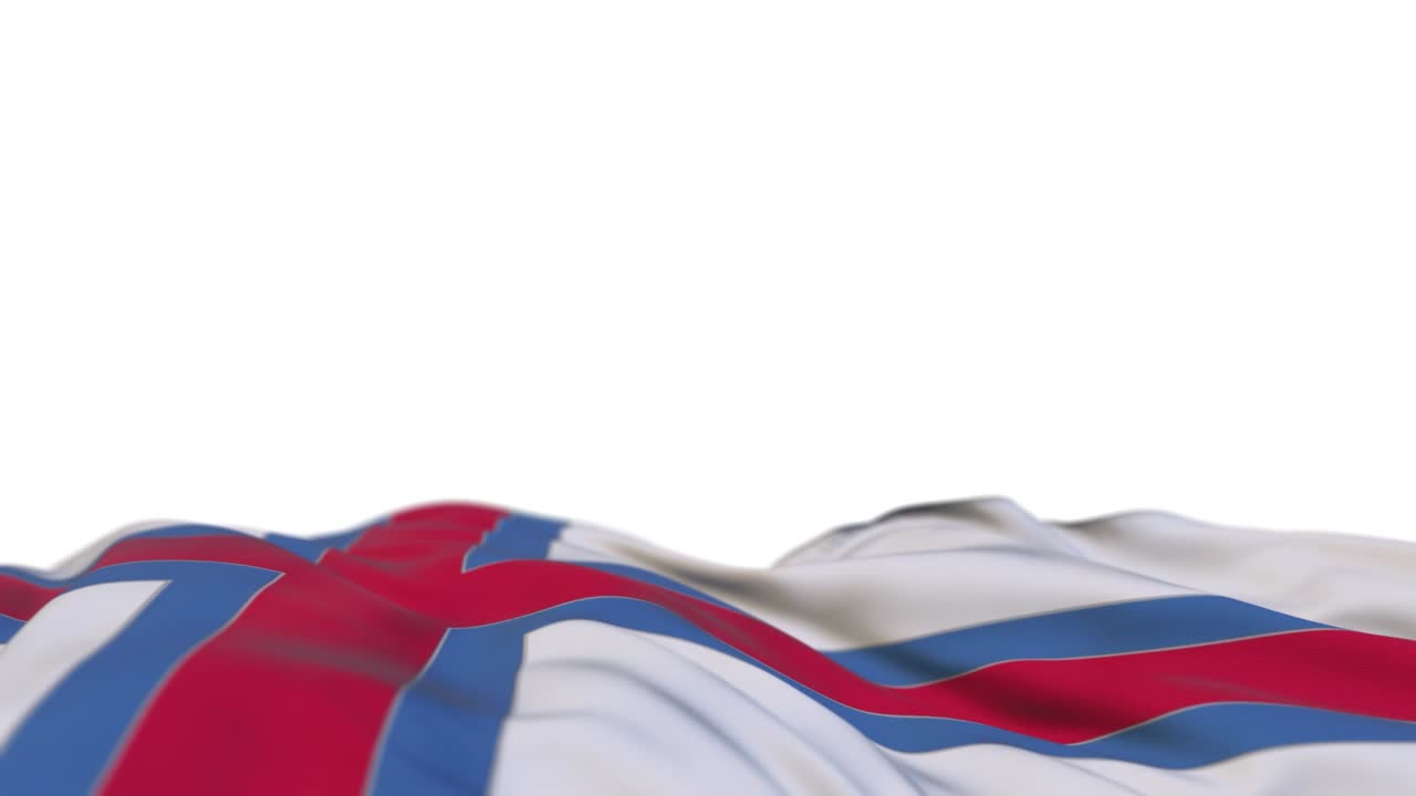 Færøyenes stoffflagg vaier i vinden (loop). Færøyenes broderte tøybanner svaier i brisen. Halvfylt hvit bakgrunn. Plass for tekst. 20 sekunders loop