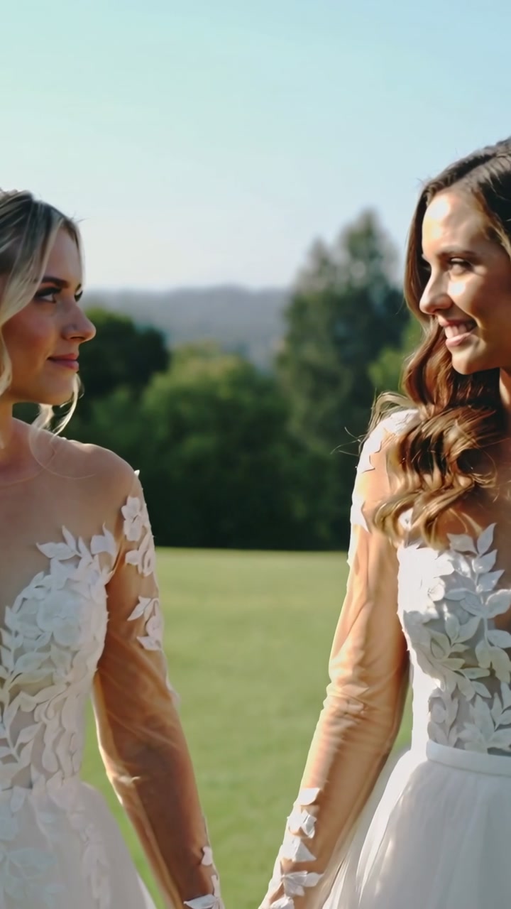 Two brides in lace gowns on lawn holding hands for wedding shot camera tightening turning smiling